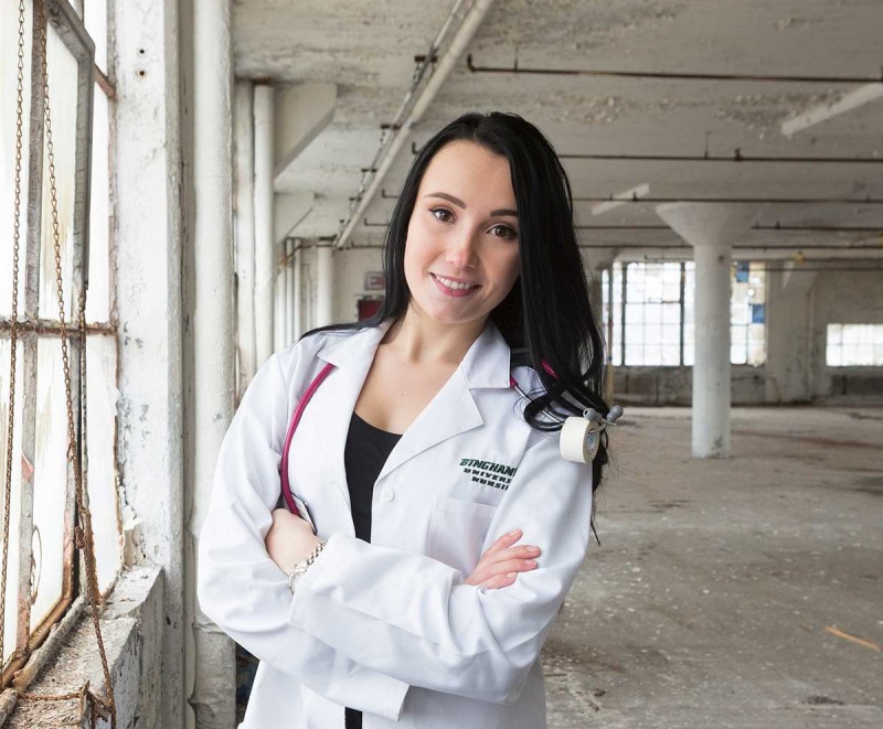 Sidney Earley won an award from the Professional Nurses Association of South Central New York that is bestowed on select members who are in their first two years of practice and are mastering the knowledge and expertise of the profession. She was photographed in 2016 at what will be the new site of the Decker School of Nursing in 2020.