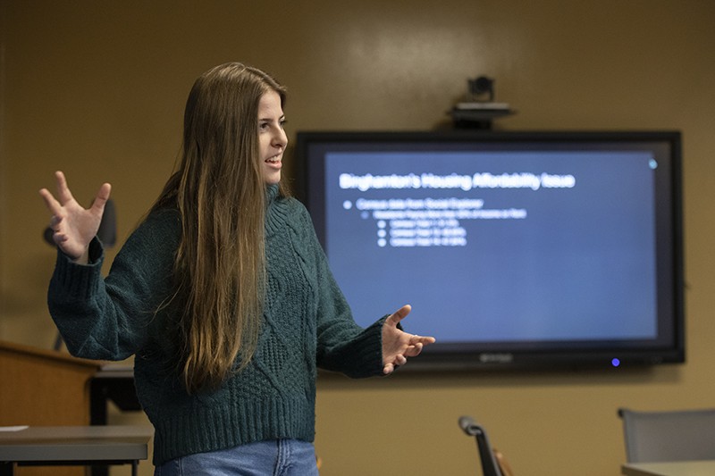 Jessica O'Keefe, a first-year student taking part in the Source Project, presents a project on low-income housing in Binghamton during her Discovering Place: Binghamton as a Laboratory for Environmental Studies class.