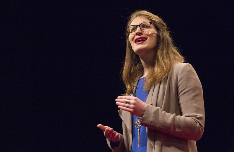 Devan Tracy '13 delivers her TEDxBinghamtonUniversity talk at the Osterhout Concert Theater on March 25.