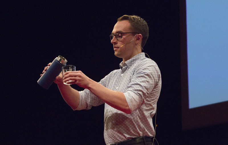 Binghamton University student Stone Geise gives his TEDx presentation on March 25.