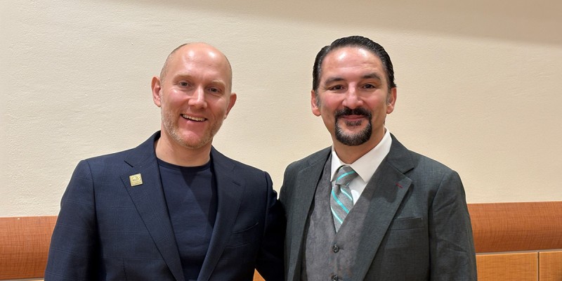 Maxim Topaz, left, delivered the keynote address at Binghamton University's 2026 Kresge Center Lecture, hosted by the University's Decker College of Nursing and Health Sciences. Decker College Dean Mario R. Ortiz opened the event and introduced Topaz.