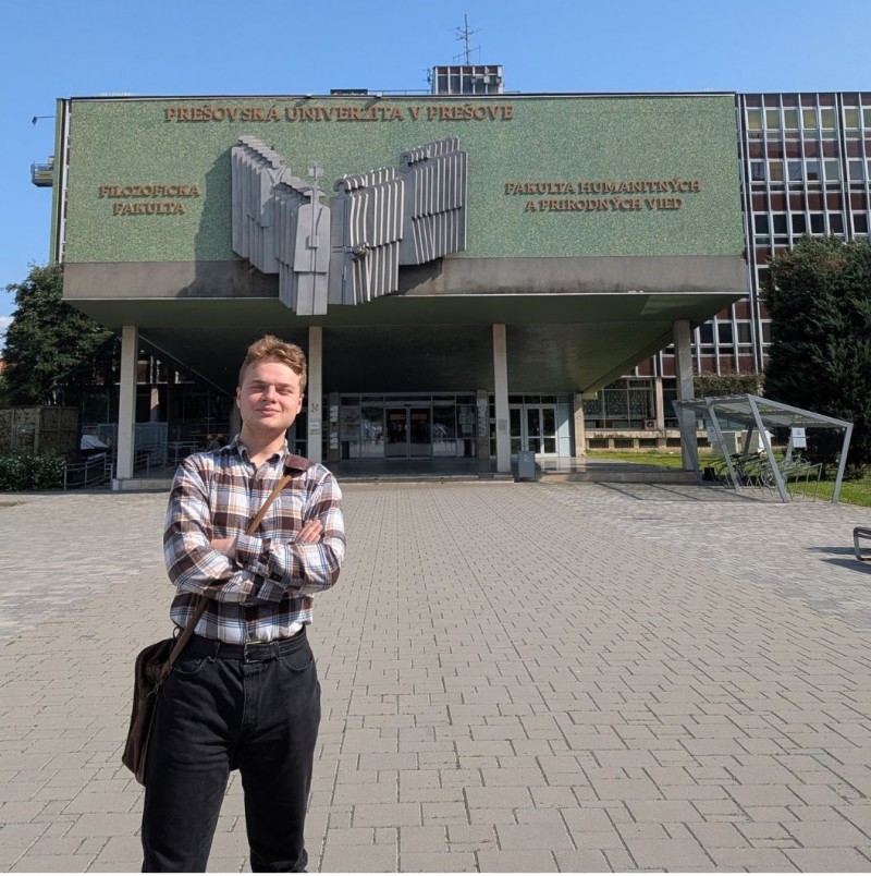 Deniz Gulay stands outside of the Prešovská univerzita v Prešove, a public university in Prešov, Slovakia.