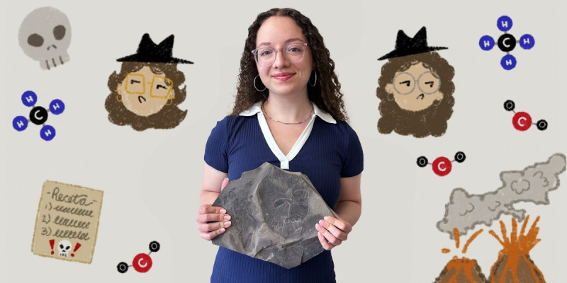 Julia Zottola ’26 holds a fossil. The background is from a Spanish-language YouTube video that she and classmate Sofia Corsico-Sánchez ’26 created on the Permian Period.