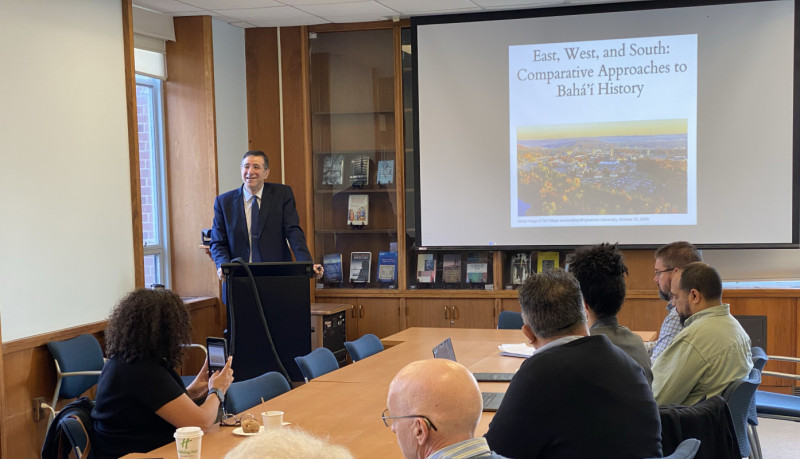 Binghamton University Professor of Middle East Studies Omid Ghaemmaghami gives his opening remarks at the symposium East, West, and South: Comparative Approaches to Bahá’í History on April 10.