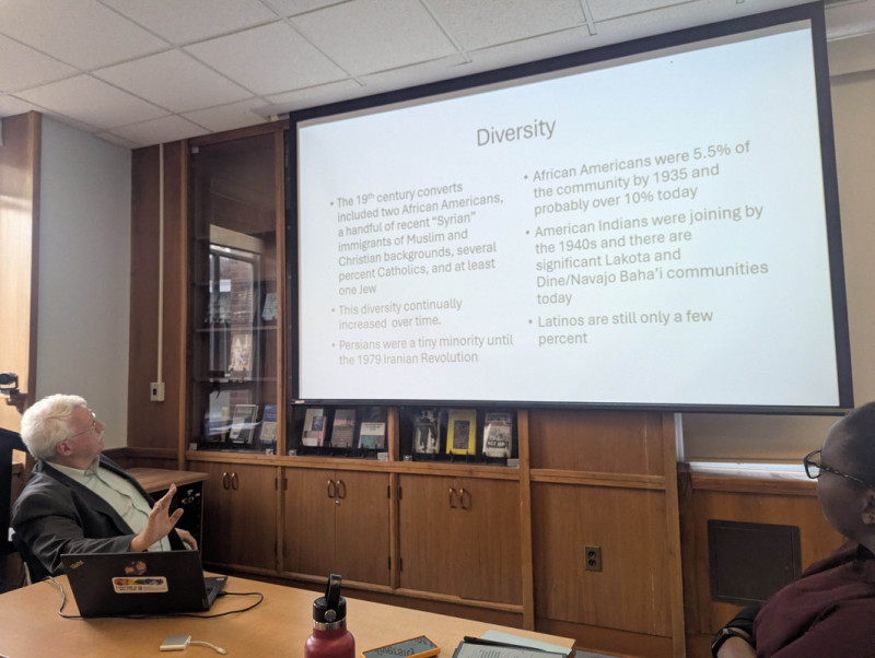 Robert Stockman of Indiana University gives his presentation at the symposium East, West, and South: Comparative Approaches to Bahá’í History on April 10.