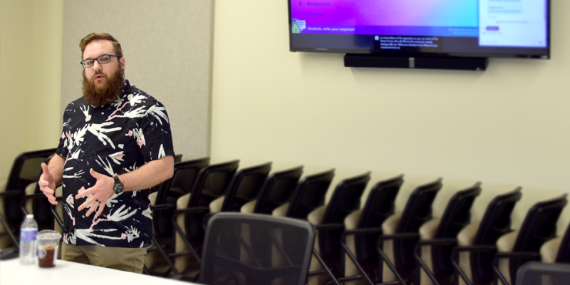 Aiden Braun, Q Center coordinator, facilitates a conversation on LGBTQ+ issues during the Greater Binghamton Chamber of Commerce 2023 Diversity Dialogues series.