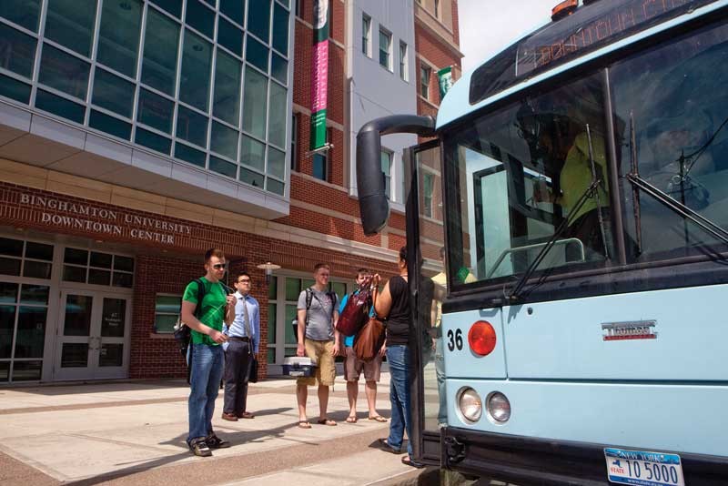 Student-run and Broome County Transit busses connect the University Downtown Center and the Vestal campus.