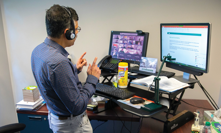 Subimal Chatterjee teaches an online class from his office in Academic A in April 2020.