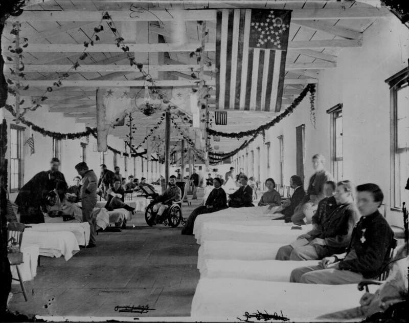 A ward in the Carver General Hospital, Washington, D.C., during the Civil War.