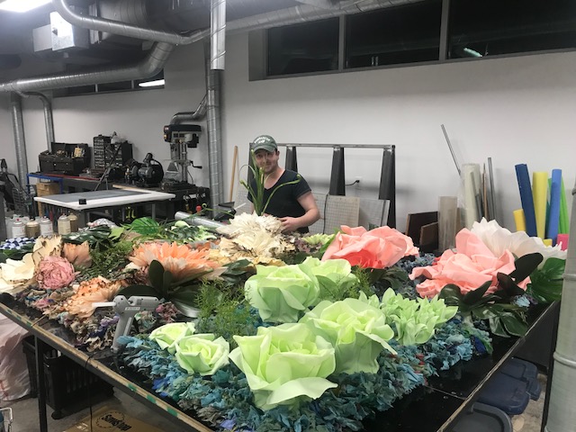 Clarence Hause builds props that represent gardens at Stages Repertory Theatre in Houston, Texas.