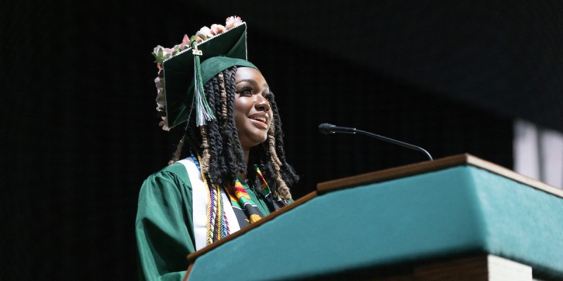 Bryana Thompson was a student speaker at the Thomas J. Watson College of Engineering and Applied Science ceremony in 2023.