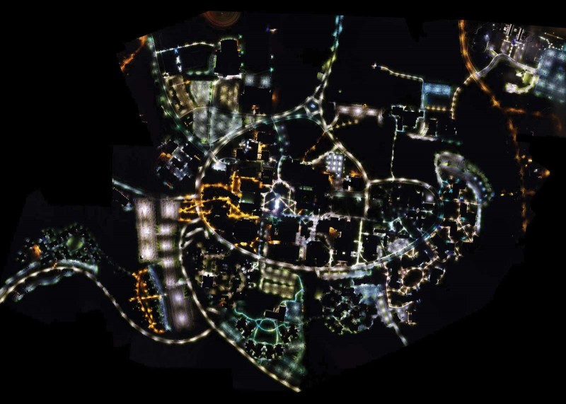 For research on campus safety, Chengbin Deng, associate professor of geography, used a drone to take thousands of aerial images of campus at night, then put them together in a mosaic.
