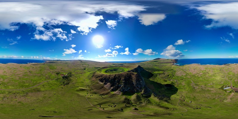 Rapa Nui, or Easter Island, was called Te Pito o te Henua, “the navel of the world.” Its cultural center is the quarry for the island’s famous statues. This photo, captured with drone technology, shows the coastline with the quarry forming the figurative navel.