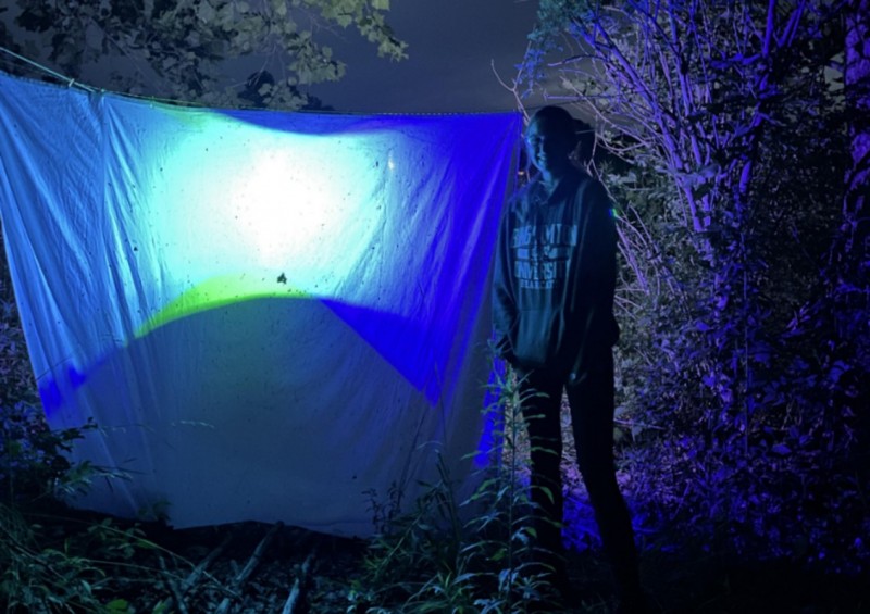 Emma Foster ’24, then an undergraduate biological sciences major, helps collect moths with a light trap at research collaborator Jason Dombroskie's house in the Ithaca area.