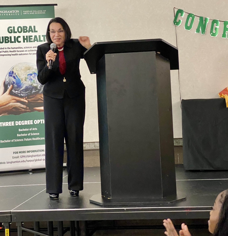 Carol Weingarten, an associate professor of nursing at Villanova University, speaks at the Global Public Health graduation ceremony on May 15, 2026, in the University Union.
