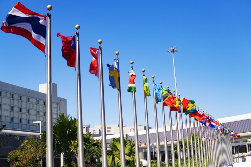 International flags flying outside a meeting of the United Nations.