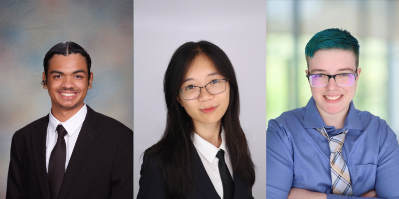 From left to right, Prince Taveras, Irene Li and Koi Bussewitz, three students whose roles on campus were funded through the Introductory Practice Grant.