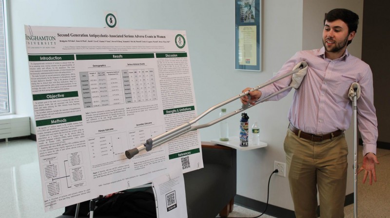 P4 student Jacob Govel, despite his recent injury, improvised to point out details in his group's capstone project.