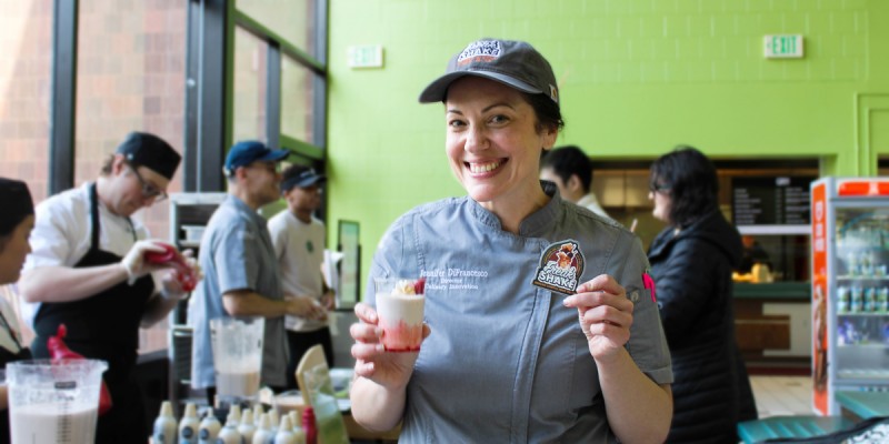 Jennifer DiFrancesco, the director of culinary innovation for Sodexo Campus, served strawberry shortcake Freakshakes (Sodexo’s plant-based milkshakes) to students at CIW Dining Hall.