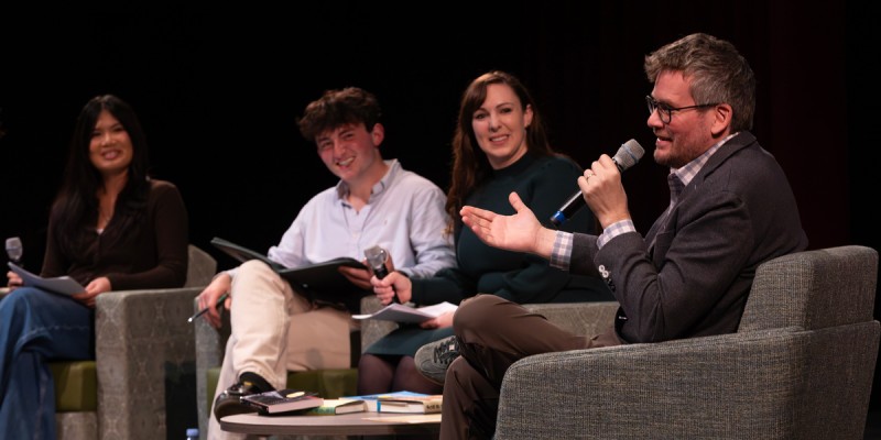 Bestselling author John Green spoke to a full house in the Anderson Center's Osterhout Concert Theater on Nov. 7 as part of the Distinguished Speaker Series, sponsored by Campus Activities and the Student Association Programming Board. The conversation was moderated by Sarah Studenmund, the director of the Writing Studies Minor and a lecturer in the Writing Institute at Binghamton University; Atticus Fauci, Student Association vice president for programming; and Katelyn Pothakul, Student Association Programming Board insights chair.