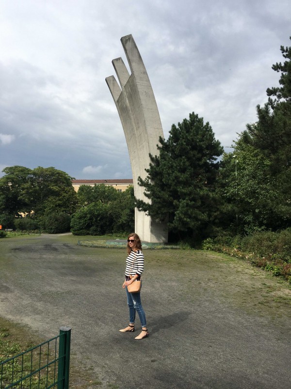 Associate Professor of Art History Julia Walker with the Airlift Memorial at Germany's Tempelhof Airport.