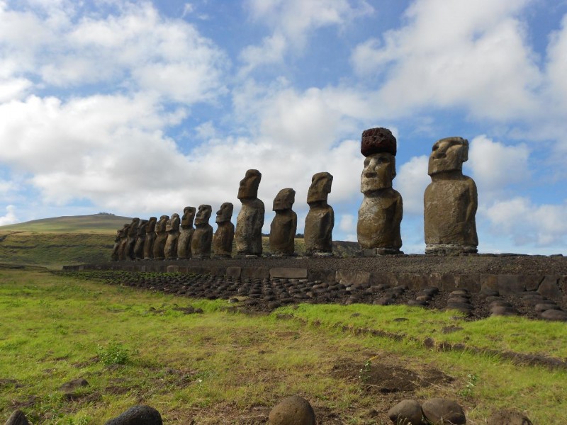 This is a restored statue platform with standing moai on the south coast of Rapa Nui.