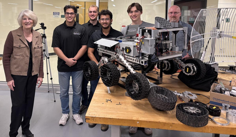 Geraldine MacDonald met with members of the Binghamton University Rover Team and their advisor, Distinguished Professor Douglas Summerville, at Homecoming 2025.