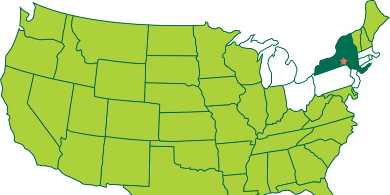 A map of the United States showing states in white (and New York in green) where Binghamton University School of Pharmacy and Pharmaceutical Sciences students matched for residencies. Half of the residencies are in NYS, with the remaining spread across Connecticut, Ohio, Massachusetts, Michigan, New Jersey and Pennsylvania.