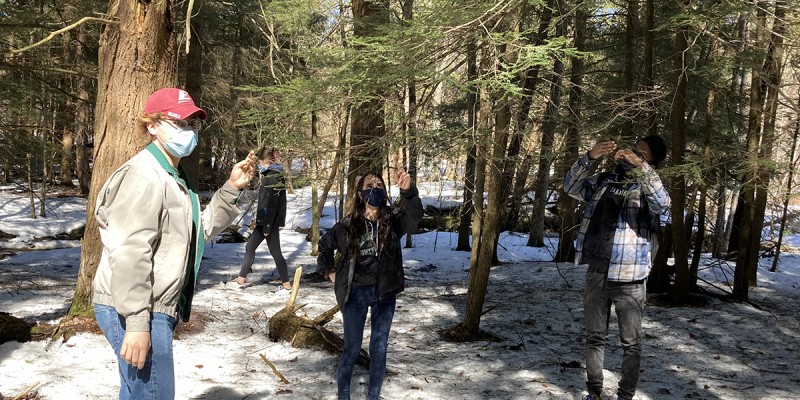 Students in George Meindl's ENVI 324: Urban Ecology class work with the Broome County Parks Department to help map the presence of invasive species such as the emerald ash borer and hemlock woolly adelgid in local parks.