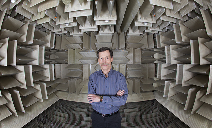 Distinguished Professor Ron Miles in the anechoic chamber,  a room designed to absorb sound, where he does acoustic research.
