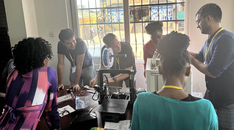 Nourin Haque ‘23 worked with other Cadence Design Systems employees on a collaboration with Women in Technology Uganda, which included introducing them to 3D printing technology.