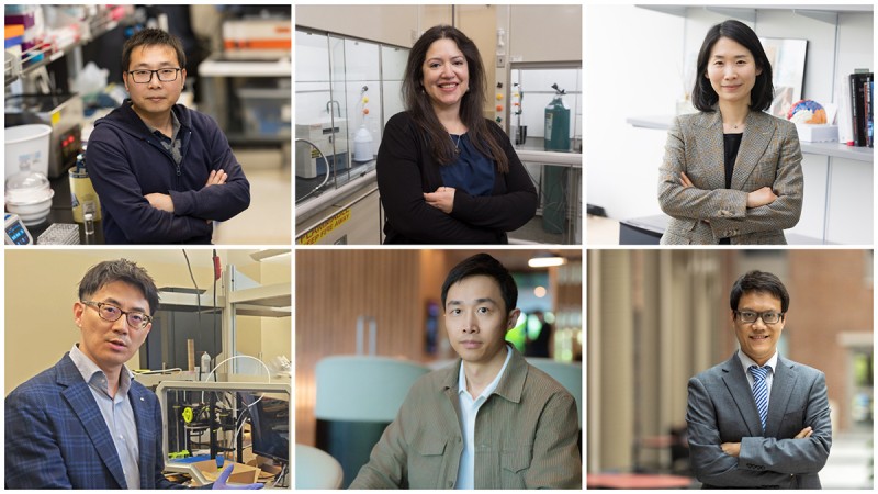 Binghamton University's 2025 National Science Foundation CAREER Award winners are, top row from left, Assistant Professor Qianbin Wang (Biomedical Engineering), Assistant Professor Ana Laura Elías Arriaga (Physics) and Assistant Professor Sung-Joo Lim (Psychology); bottom row, Assistant Professor Fuda Ning (Systems Science and Industrial Engineering), Associate Professor Jia Deng (SSIE) and Assistant Professor Yincheng Jin (Computing).