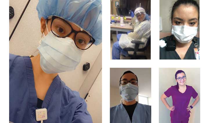 Undergraduate and graduate nursing students from Decker College of Nursing and Health Sciences are caring for hospitalized patients, many of them infected with COVID-19. From top left to bottom right are Erin Brembs, Sagarkumar Patel, Joy Saarie, Tak Yan and Allison Roma.