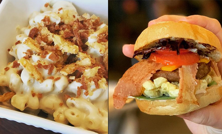 Parlor City Vegan's house made truffle cheddar mac & cheese topped with vegan bacon crumbs (left) and bacon burger slider with mac & cheese (right)