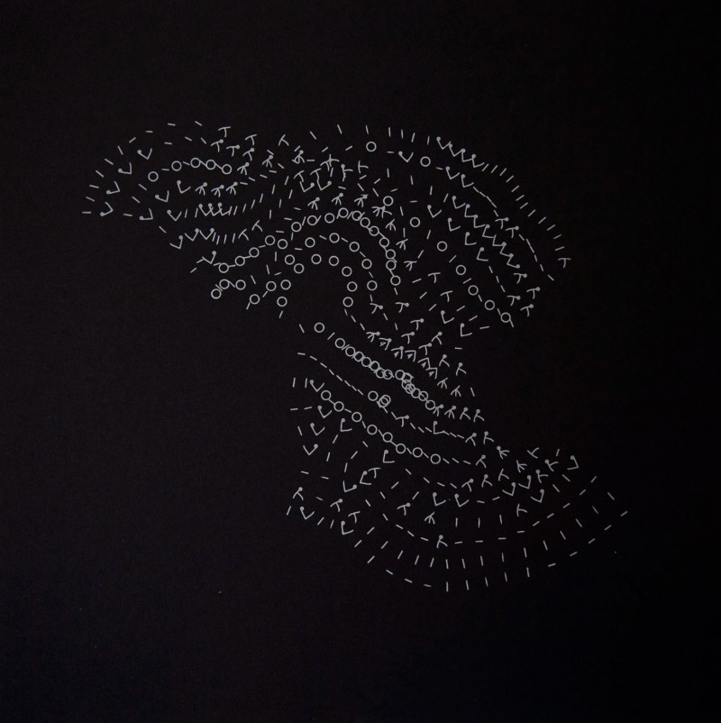 points of rupture (alaska glacial event 1999), 2020 letterpress print of knitting pattern coded using cryoseismic data, edition of 15 18 x 18 in.