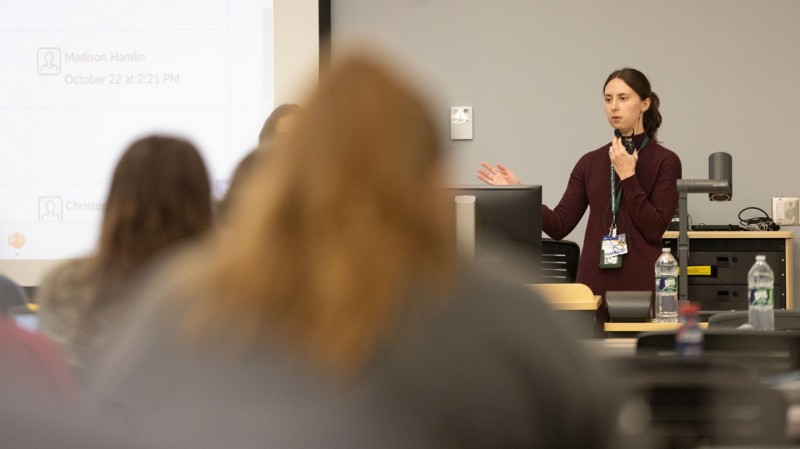 Rachel Lucas speaking to students during a TRUST event held at the Decker College of Nursing and Health Sciences.