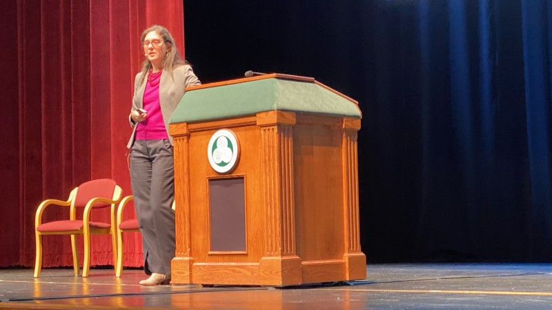 Leah Boustan, professor of economics and director of the Industrial Relations Section at Princeton University, gave the 2022 Romano Lecture in the Anderson Center for the Performing Arts.