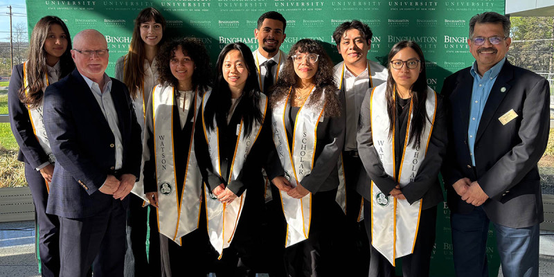 Pictured at the Watson College Scholars Program year-end reception are, from left, Jenylee Diaz Munoz, Provost Donald Hall, Isabella Vidal, Thiara Lantigua, Jessica Chen, Bryan Cabrera, Chloe Redd, Juan Gallardo Vidal, Jenylee Diaz Munoz, and Watson College Dean Atul Kelkar.