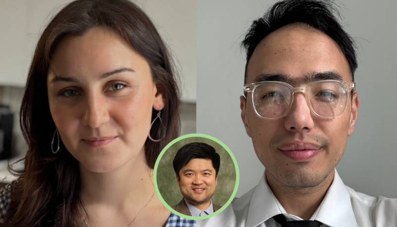 Integrated neuroscience undergraduate Andrianna Poznahovska and rising P3 PharmD student Prince Karmacharya; Assistant Professor of Pharmaceutical Sciences Yuanjun “Steve” Shen