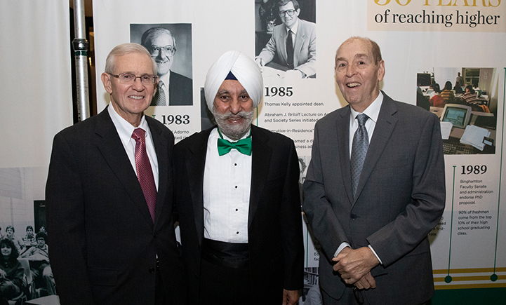 Left to right: Thomas Kelly, Bartle professor and former dean of SOM, Upinder Dhillon, dean and Koffman Scholar, and Vincent Pasquale '66, MA '68, former assistant dean of SOM