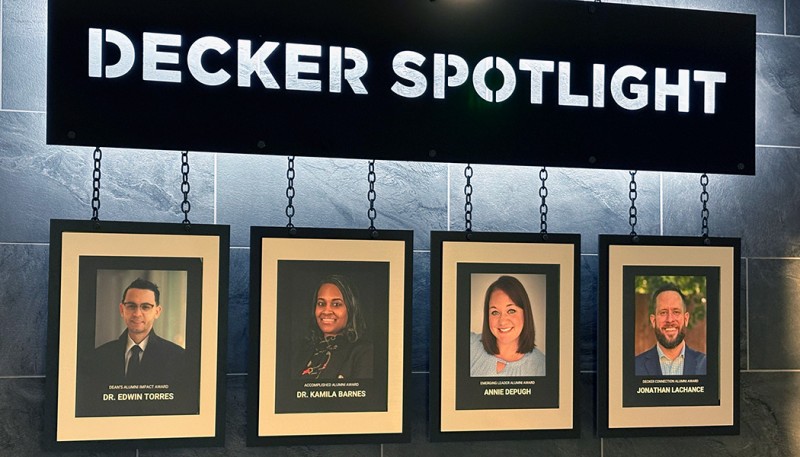 The Decker Spotlight display in the University's Health Sciences Building highlights this year's alumni award recipients: Edwin Torres, Annie DePugh, Kamila Barnes and Jonathan LaChance. Torres, Barnes and LaChance are nursing graduates, while DePugh graduated from Decker’s public health program.