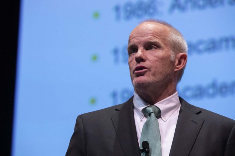 Binghamton University President Harvey Stenger gives his State of the University address in October 2019.