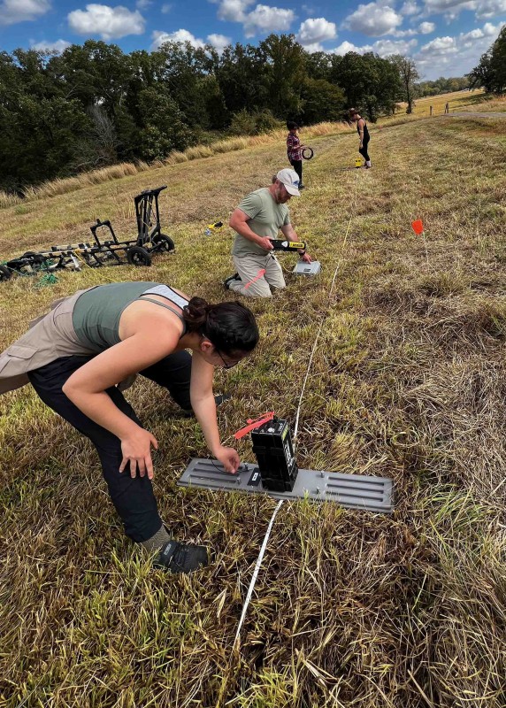 The research team lays out transects at an archaeological site in Poverty Point, Louisiana.