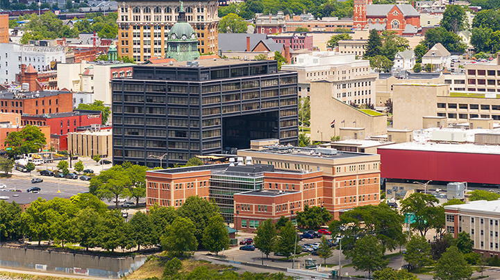 An aerial view of the University Downtown Center.