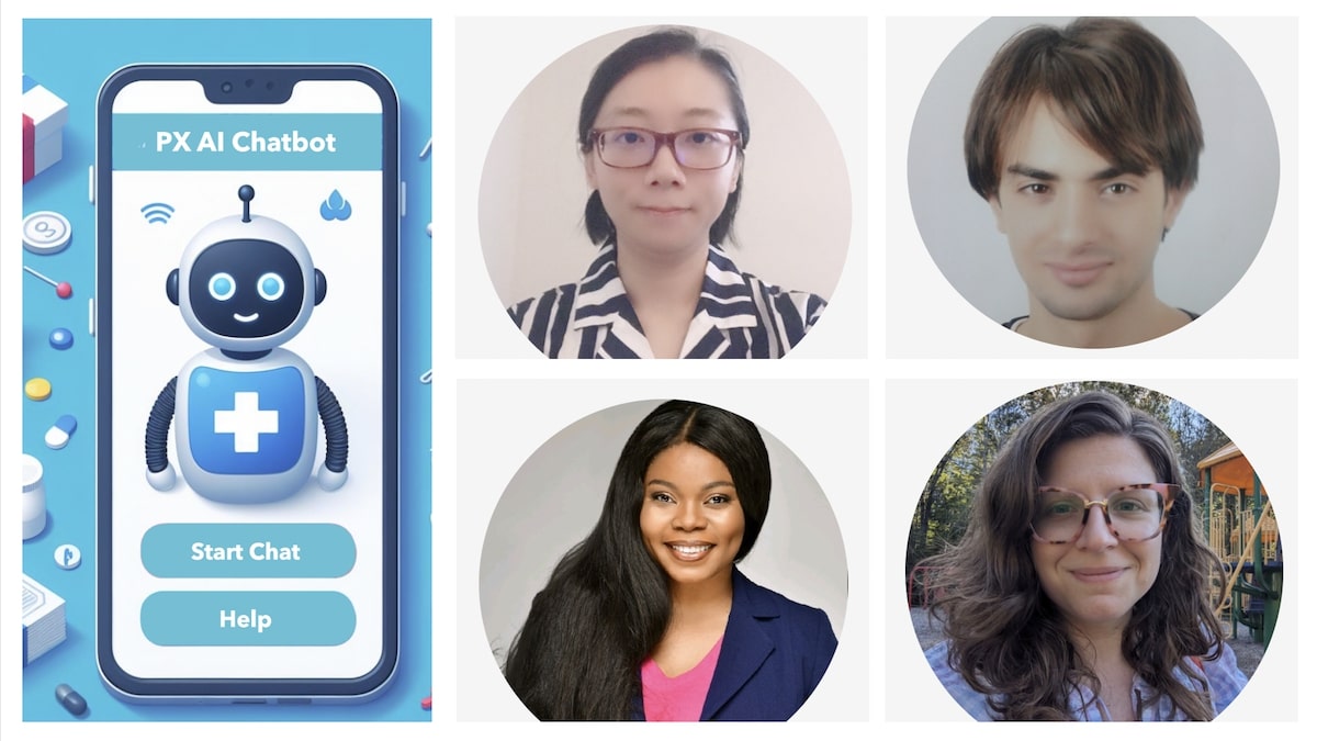 The research team behind the AI hospital chatbot is pictured here: Doctoral students Vision Wang (top left), Samer Abubaker (top right) Grace Babalola (bottom left) and SSIE Assistant Professor Stephanie Tulk Jesso (bottom right).