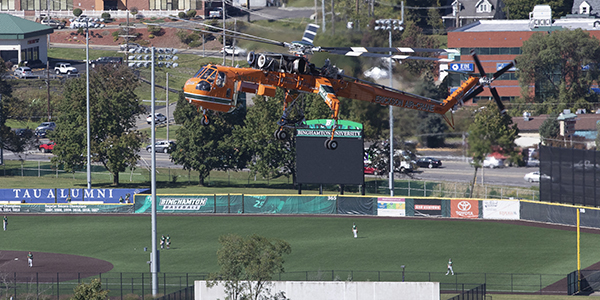 This Erickson Air-Crane helicopter — named Bubba after a 2016 hurricane — lifted two 13,000-lb. chillers one at a time from an Events Center parking lot to the roof of Science 3 early the morning of Saturday, Sept. 28. Referred to by pilot Brad Warren as the Swiss Army knife of the helicopter world, the craft requires three pilots to fly it — two facing front and one facing back.