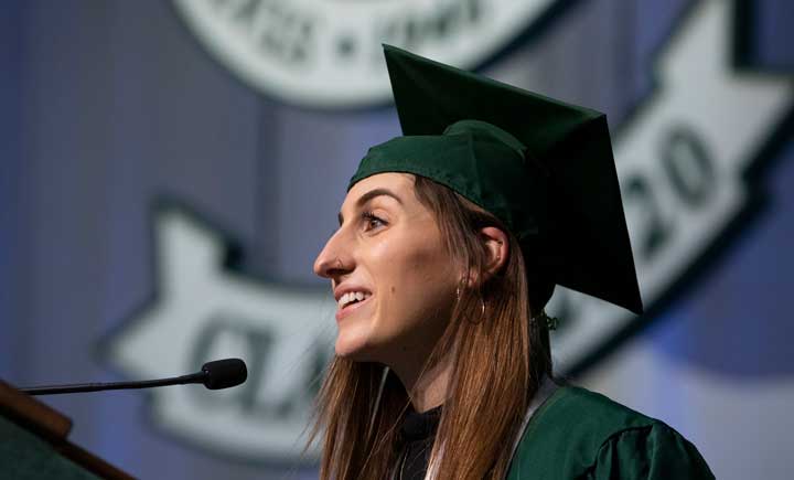 Alexis Poveromo, who earned a BS in nursing with a minor in health and wellness, was one of two student speakers selected for Commencement 2020.