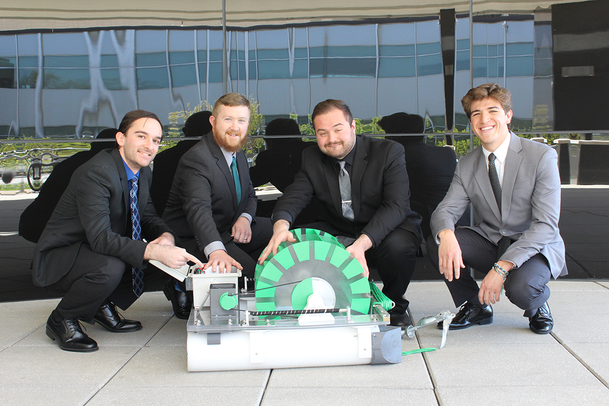 From left, David Fredericks ’22, Benjamin St. Clair ’22, Thomas Eaton ’22 and Liam Vallejo ’22 built a hydroelectric generator for their senior project, with sponsorship from AVANGRID.