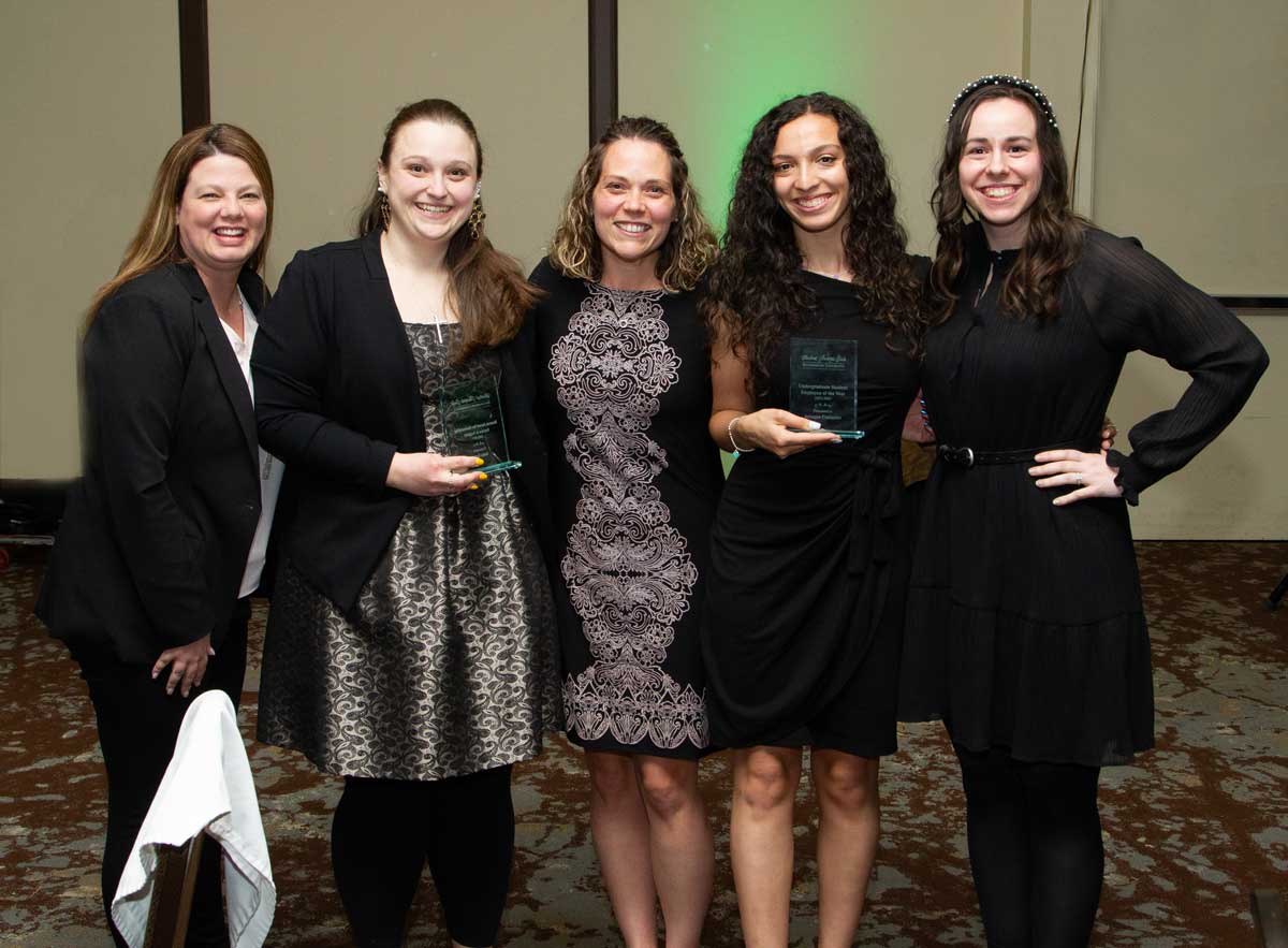 Colleen Rozelle, associate director of case management services; Anna Jantz, assistant director and advocate of case management services and recipient of the Bearcat Award for Outstanding Service and Support; Betsy Staff, director of new student programs; Arianna Costanzo, Undergraduate Student Employee of the Year; and Alyssa Cohen, assistant director of new student programs.
