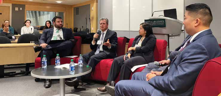Harpur alumni discuss their paths to the judiciary with moderator Seth Meyer ’07 during the November 2022 Bearcats on the Bench event at the SUNY Global Center in New York City.
